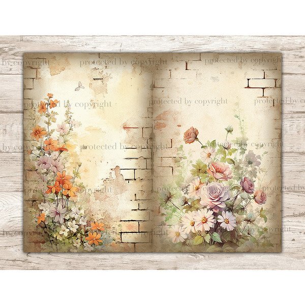 Watercolor summer flowers on brick wall background Junk Journal page set. Bouquets of summer flowers on the background of brick walls