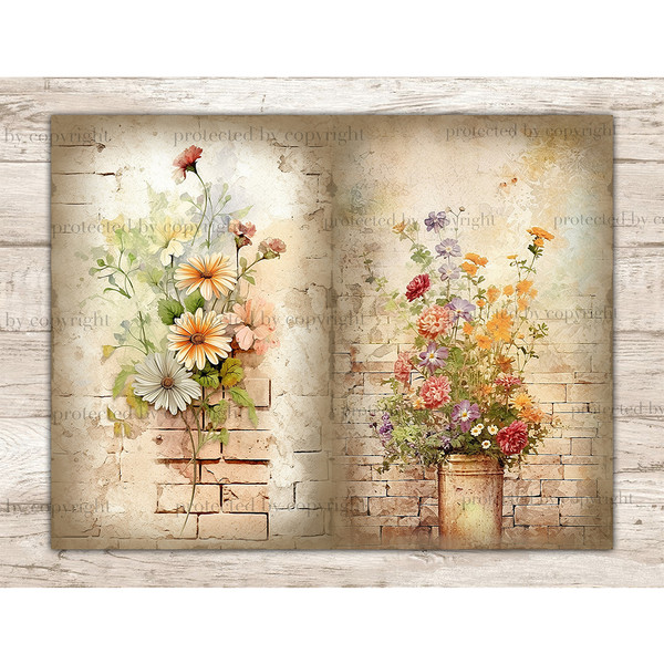 Watercolor summer flowers on brick wall background Junk Journal page set. Bouquets of summer flowers on the background of brick walls. On the right is a bouquet