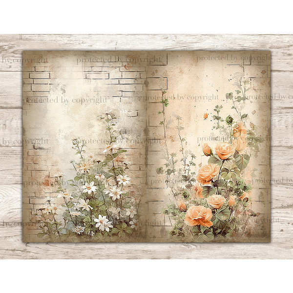 Watercolor summer flowers on brick wall background Junk Journal page set. Bouquets of summer flowers on the background of brick walls. Daisies on the left, oran