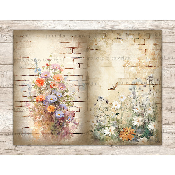 Watercolor summer flowers on brick wall background Junk Journal page set. Bouquets of summer flowers on the background of brick walls. On the left are red, blue