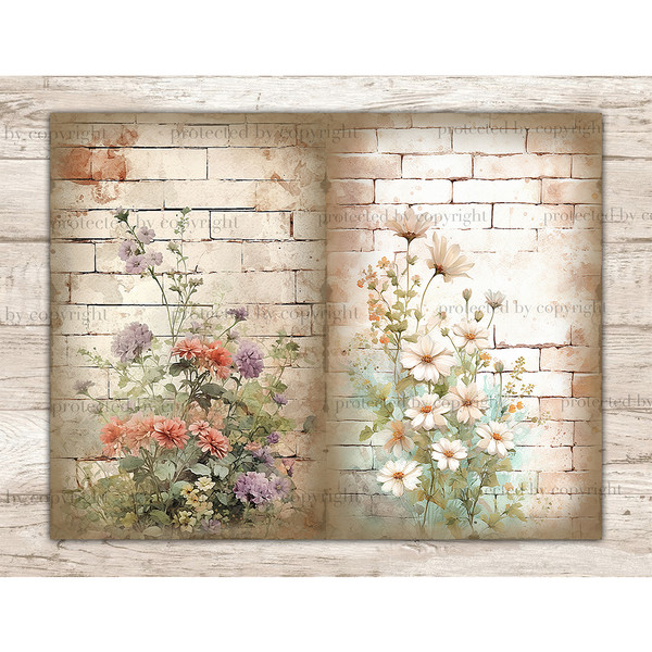 Watercolor summer flowers on brick wall background Junk Journal page set. Bouquets of summer flowers on the background of brick walls. Red, purple, yellow flowe