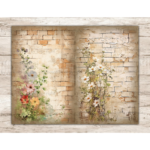 Watercolor summer flowers on brick wall background Junk Journal page set. Bouquets of summer flowers on the background of brick walls. On the left are red, purp