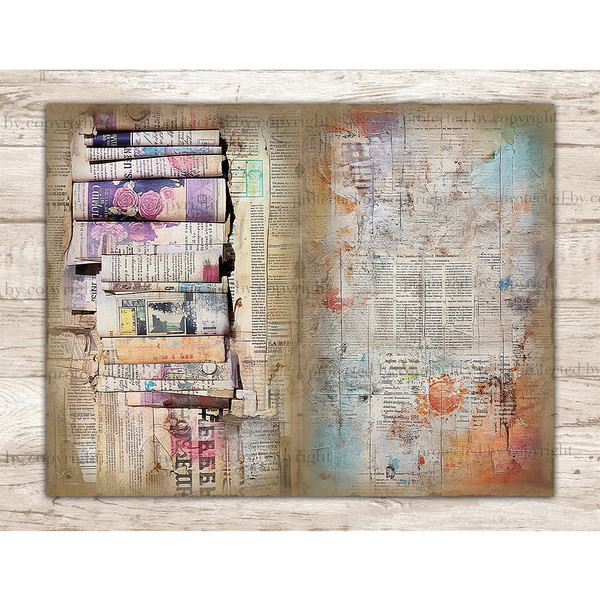 Vintage Newspaper Pages with Pastel Blue and Orange Watercolor Spots Junk Journal Pages. On the left, a newspaper page with magazine clippings, newspapers with