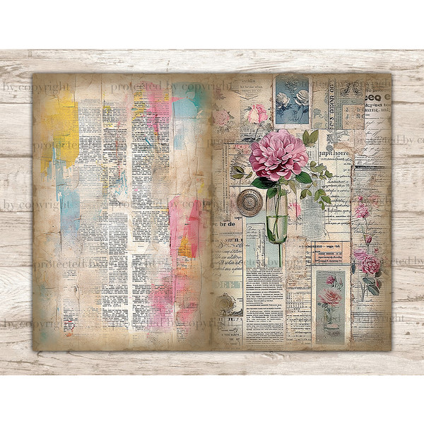 Vintage Newspaper Pages with Pastel Blue, Pink and Orange Junk Journal Pages Watercolor Spots. On the right is a newspaper page with a pink flower in a vase, pi
