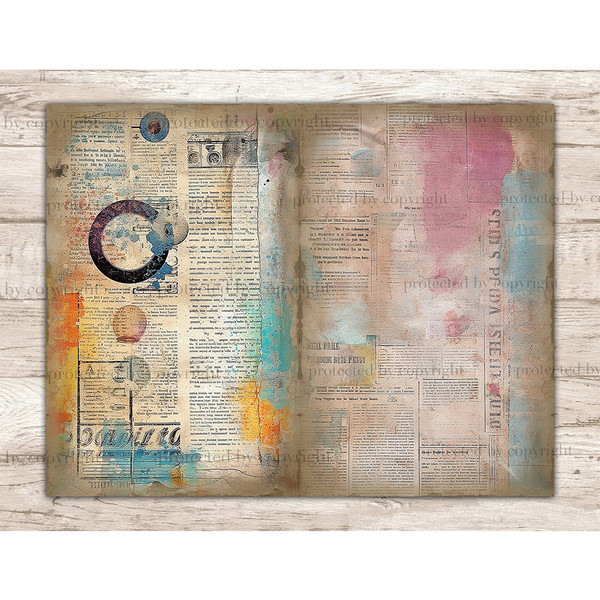 Vintage Newspaper Pages with Pastel Blue, Pink and Orange Junk Journal Pages Watercolor Spots.