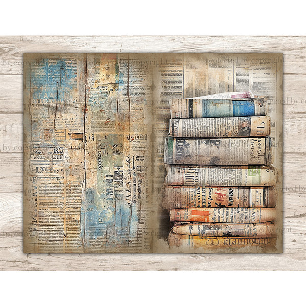 Vintage Newspaper Pages with Pastel Blue and Orange Watercolor Spots Junk Journal Pages. On the right is a newspaper page with clippings from magazines, newspap