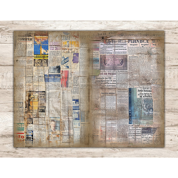 Vintage Newspaper Pages with Pastel Pink Spots Junk Journal Pages. On the pages of newspapers bright inscriptions and images