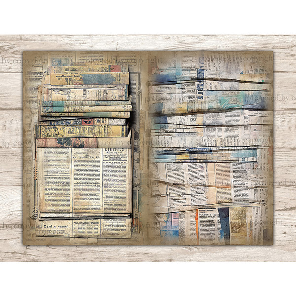 Vintage Newspaper Pages with Pastel Blue and Orange Watercolor Spots Junk Journal Pages. Newspaper page with clippings from magazines, newspapers