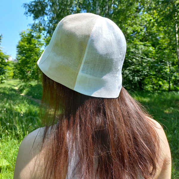 Lightweight and breathable linen bell hat. White and beige bucket hat from the sun.