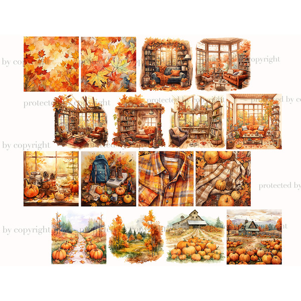 Watercolor autumn cozy scenes of house interiors with pumpkins and foliage, fireplace, porch with sofa. Pumpkin farm with a farmhouse and pumpkins in front of i