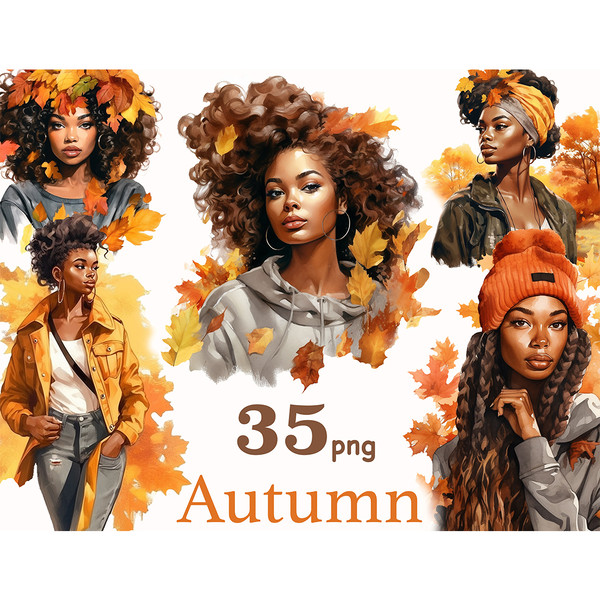 Watercolor portraits of fashionable black girls in autumn foliage. One girl in an orange hat, one in an orange scarf, one girl has a wreath of leaves on her hea