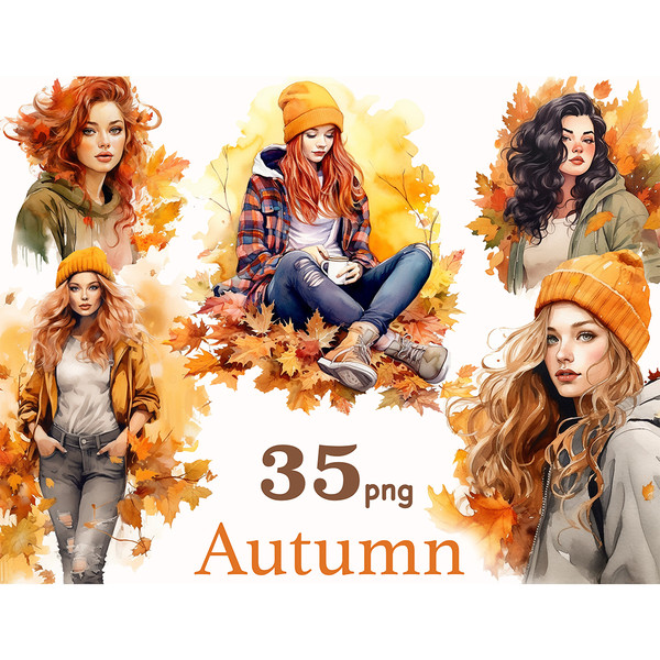 Five watercolor autumn foliage portraits of white girls. Three girls in orange hats. All girls have different shades of hair colors - red, blonde, light brown,