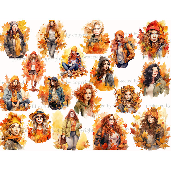 Watercolor portraits of fashionable white-skinned girls in autumn foliage. Girls in orange hats, wreaths of autumn leaves, a wicker hat, hoodies, sneakers. Skin