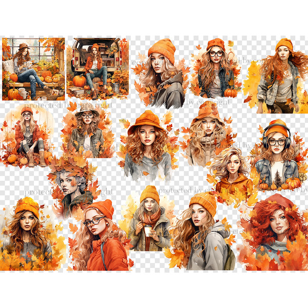 Watercolor portraits of fashionable white-skinned girls in autumn foliage. Girls in orange hats, wreaths of autumn leaves. Girl with pumpkins and a cup of coffe