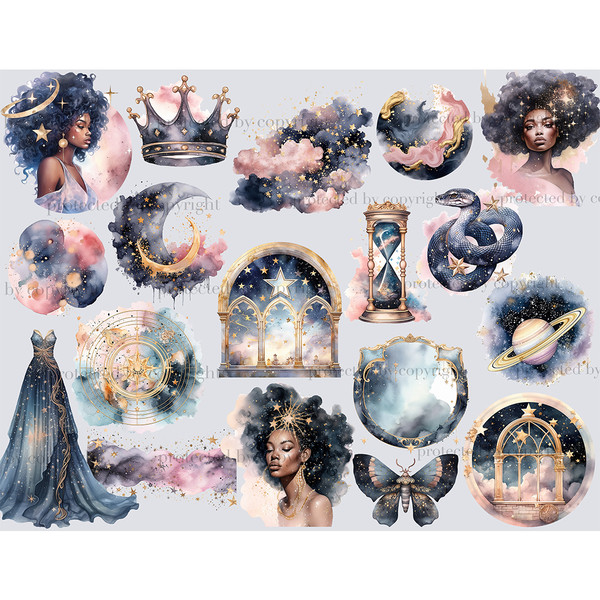 Watercolor celestial black girls with night sky and golden stars on their hair. Long galaxy dress with golden star. Golden crescent moon on black crescent backg