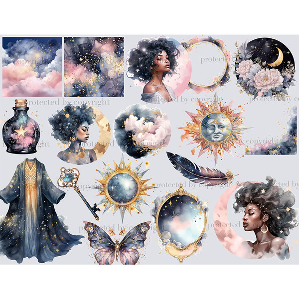 Watercolor celestial black girls with night sky and golden stars on their hair. Scenes with night sky and pink clouds. Magic celestial mirrors. Galaxy robe with