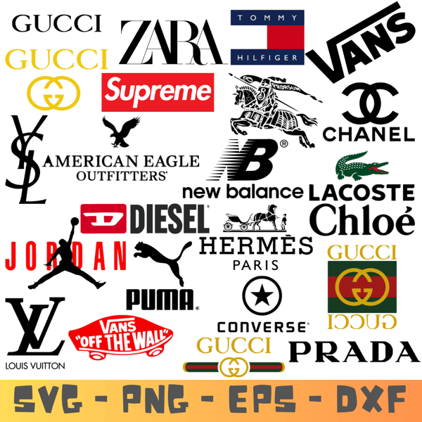63 Fashion brands logo designs , lv louis vuitton , Gucci , Hermes , chanel  , Dior - Instant download.