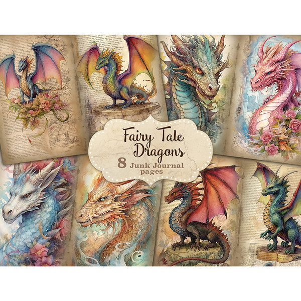 Junk Journal pages with watercolor fairy dragons in purple, green, blue, pink, beige colors