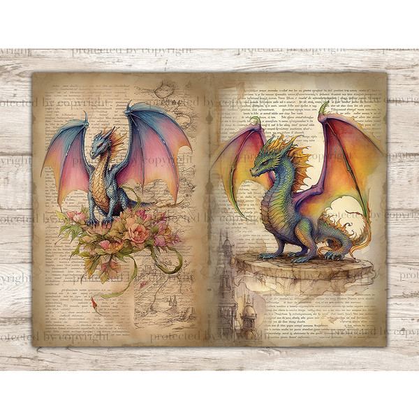 Junk Journal pages with watercolor fairy tale mythical dragons. On the left is a blue dragon with blue-violet wings on roses. On the right, a blue-green dragon