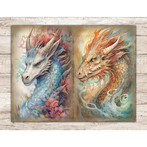 Junk Journal pages with watercolor fairy tale mythical dragons. On the left is a blue dragon with pink flowers. On the right is an orange dragon with blue eyes.