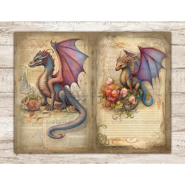 Junk Journal pages with watercolor fairy tale mythical dragons. On the left is a purple dragon. On the right is a blue-beige dragon with blue-purple wings in fl