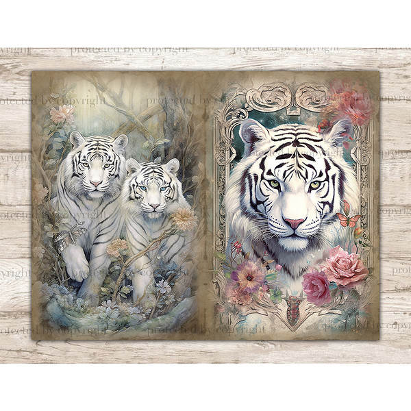 Junk Journal pages with watercolor fairytale white tigers. On the left, two white tigers in the forest among the branches with a butterfly. On the right is the
