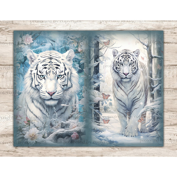 Junk Journal pages with watercolor fairytale white tigers. On the left is the head of a white tiger in a snowy forest among flowers. On the right, a white tiger