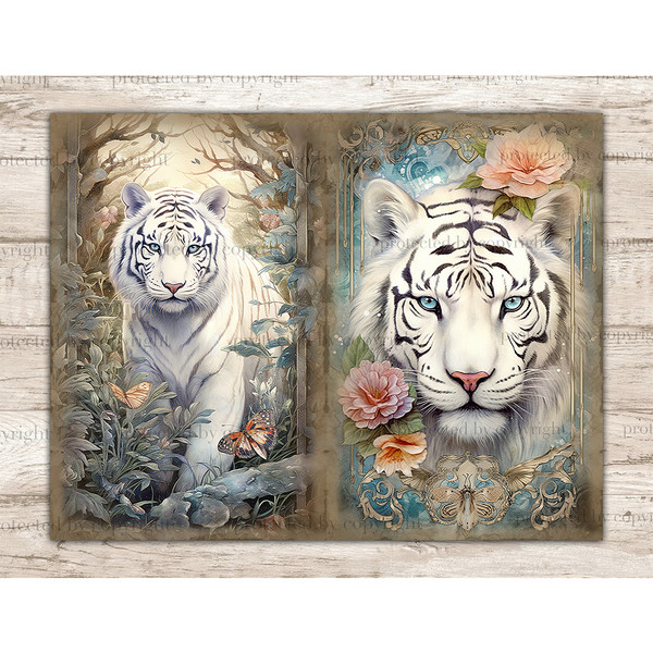 Junk Journal pages with watercolor fairytale white tigers. To the left is a white tiger in a summer forest with butterflies. On the right is the head of a white