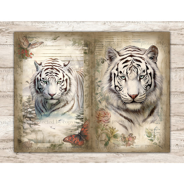 Junk Journal pages with watercolor fairytale white tigers. On the left is a white tiger with a menacing look in the winter forest. On the right is the head of a