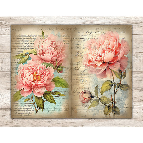 Junk Journal pages with watercolor peonies. To the left are two green-leaved peonies on a blue spot against a background of old vintage paper with cursive notes