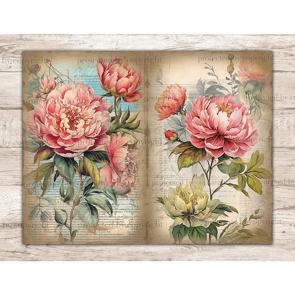 Junk Journal pages with watercolor peonies. On the left, a large pink peony with greenery against a blue stain and old vintage paper with notes in italics. On t