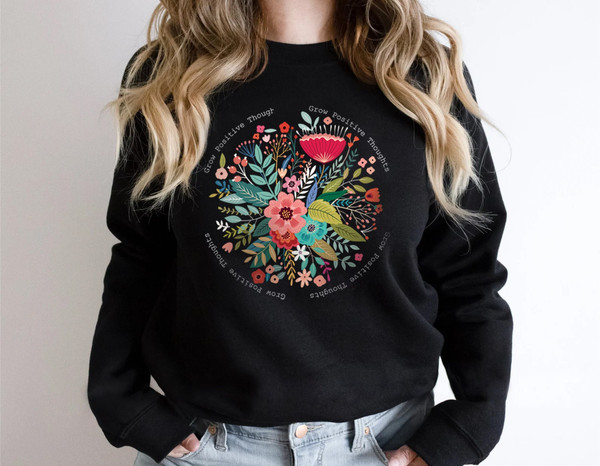 Grow Positive Thoughts Tee, Floral Sweatshirt, Bohemian Style, Butterfly Top, Trending Right Now, Women's Graphic T-shirt - 1.jpg