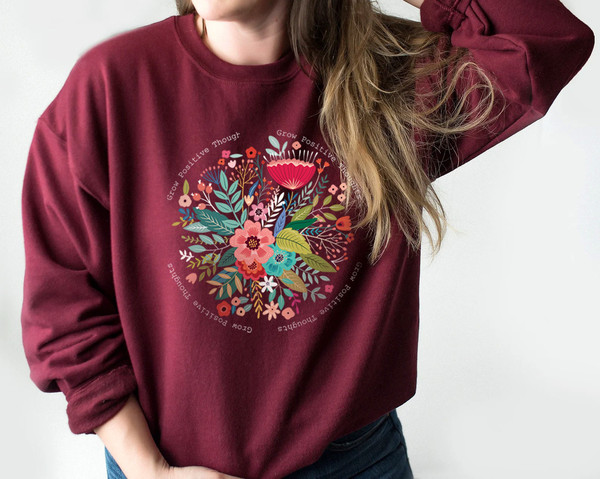 Grow Positive Thoughts Tee, Floral Sweatshirt, Bohemian Style, Butterfly Top, Trending Right Now, Women's Graphic T-shirt - 5.jpg