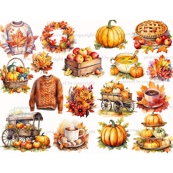 Watercolor autumn cozy sweaters fall vibes, wooden carts with autumn harvest pumpkins, autumn bouquet of flowers, autumn leaf wreath, autumn harvest fruit baske