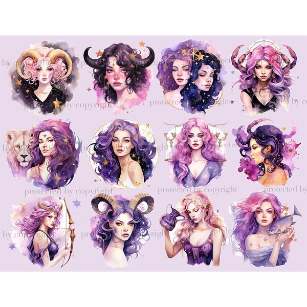 Watercolor white-skinned girls personifying the signs of the zodiac - Aries, Taurus, Gemini, Cancer, Leo and Virgo, to the south - Libra, Scorpio, Sagittarius,
