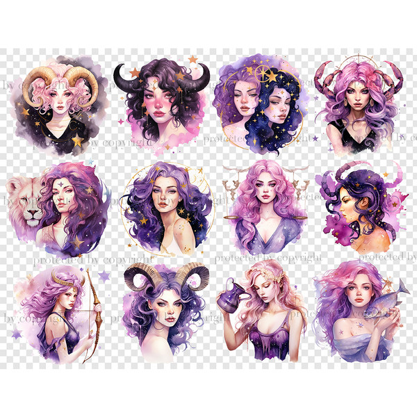Watercolor white-skinned girls personifying the signs of the zodiac - Aries, Taurus, Gemini, Cancer, Leo and Virgo, to the south - Libra, Scorpio, Sagittarius,