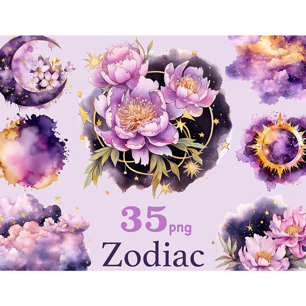 Watercolor zodiac cosmic clouds and nebulae, purple flowers in gold stars against the night sky, purple crescent moon with gold stars and flowers, golden sun ri