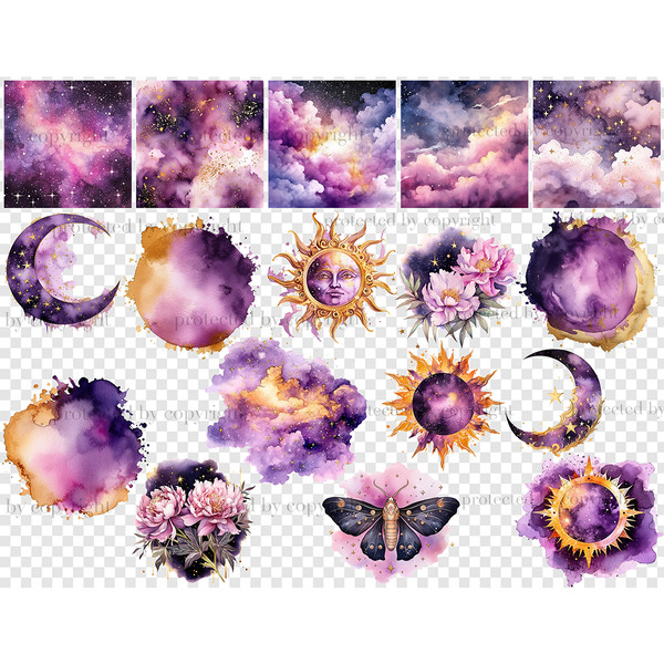 Watercolor purple scenes with night sky, space nebulae. Watercolor purple sun and moon, crescent moon, butterfly with black wings and gold circle pattern on the