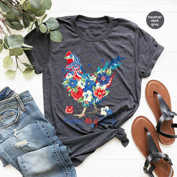 4th of July Chicken Shirt, Fourth of July T Shirt, Floral Chicken Graphic Tees, America Vneck Tshirts, Patriotic Mom Shirt, Gift for Her - 2.jpg