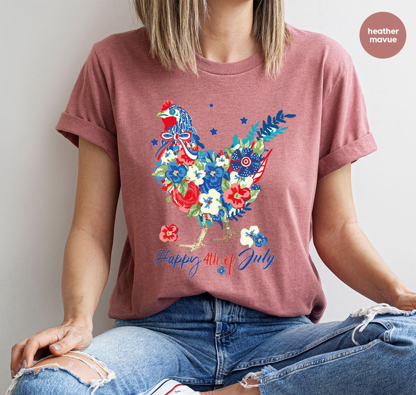 4th of July Chicken Shirt, Fourth of July T Shirt, Floral Chicken Graphic Tees, America Vneck Tshirts, Patriotic Mom Shirt, Gift for Her - 6.jpg