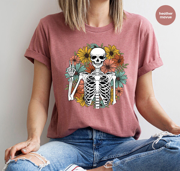 Aesthetic Skeleton Shirt, Floral Skeleton Graphic Tees, Funny Skull TShirts, Gift for Her, Summer Clothing, Groovy Flower VNeck T-Shirt - 2.jpg