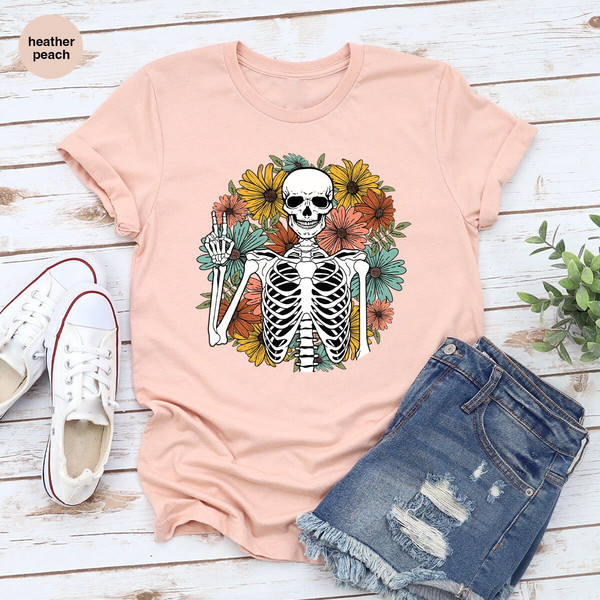Aesthetic Skeleton Shirt, Floral Skeleton Graphic Tees, Funny Skull TShirts, Gift for Her, Summer Clothing, Groovy Flower VNeck T-Shirt - 5.jpg