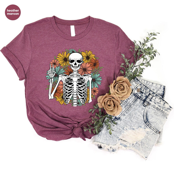 Aesthetic Skeleton Shirt, Floral Skeleton Graphic Tees, Funny Skull TShirts, Gift for Her, Summer Clothing, Groovy Flower VNeck T-Shirt - 6.jpg