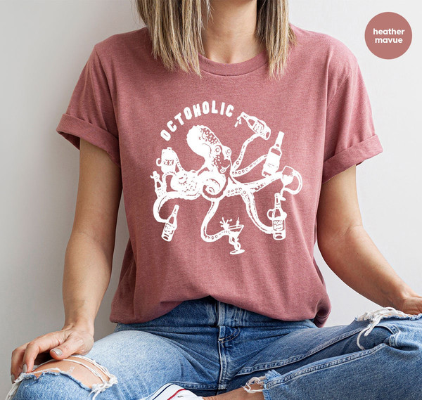 Alcoholic Octopus Graphic Tees for Party, Unisex Funny Octoholic Tshirt, Drinking Octopus Tshirts for Friend, Vintage Octopus Beer Shirt - 5.jpg
