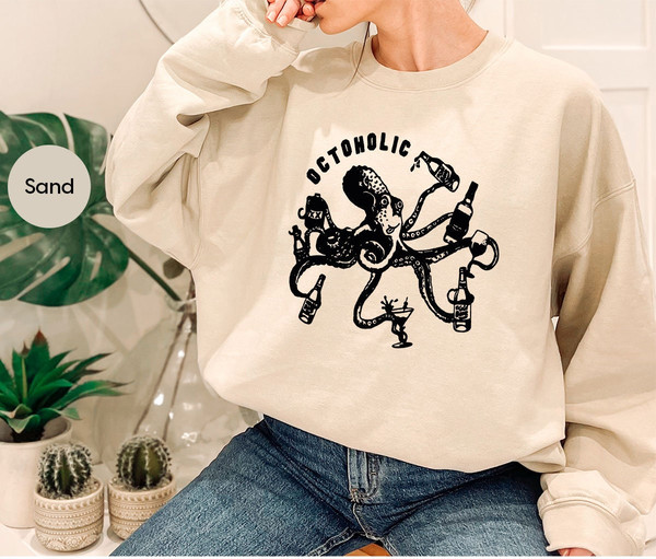 Alcoholic Octopus Graphic Tees for Party, Unisex Funny Octoholic Tshirt, Drinking Octopus Tshirts for Friend, Vintage Octopus Beer Shirt - 7.jpg