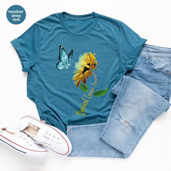 Awareness Gifts, Cervical Cancer Shirt, Cancer Support TShirt, Butterfly Outfit, Sunflower Graphic Tees, I'm A Survivor, Teal Cancer Ribbon - 9.jpg