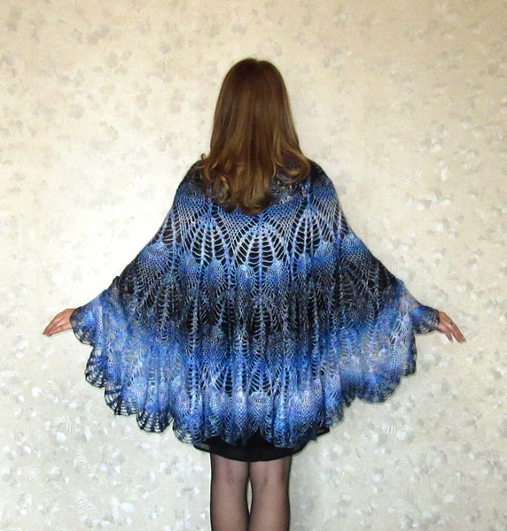 Bright colorful crochet shawl, Hand knit warm Russian Orenburg shawl, Blue Shoulder cape, Goat down stole, Woolen wrap, Cover up, Lace kerchief, Gift for her.JP