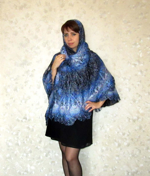 Bright colorful crochet shawl, Blue Hand knit Russian Orenburg shawl, Warm Shoulder cape, Goat down stole, Wool wrap, Cover up, Lace kerchief, Gift for wife.JPG