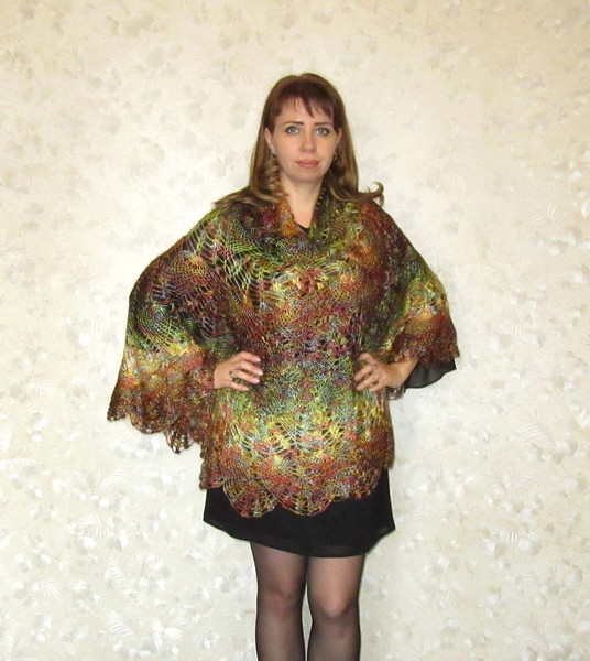 brown green russian shawl, goat down wrap, Orenburg kerchief, Warm crochet stole, Winter women's scarf, Gift for her.JPG