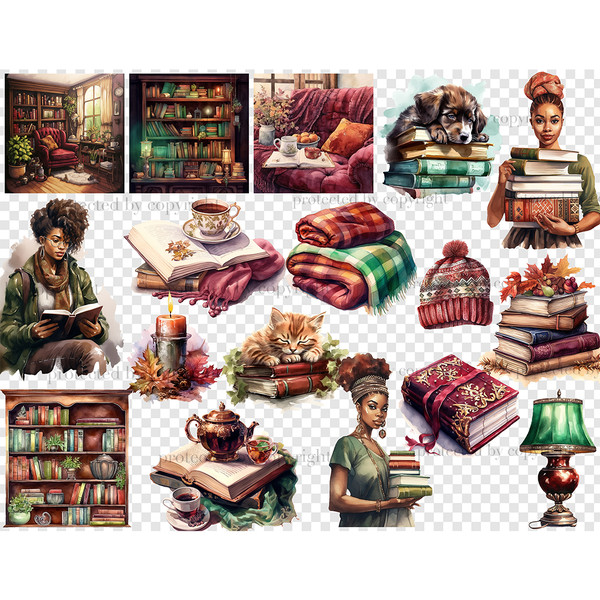 Watercolor portraits of black girls with books in their hands. Brown puppy sleeps on a stack of books. Red kitten sleeps on a stack of books. Warm red autumn ha